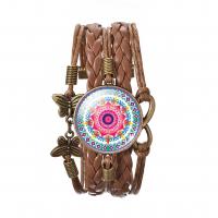Fashion Time Gem Bracelet, Tibetan Style, with leather cord & Glass, with 5cm extender chain, Flat Round, antique bronze color plated, multilayer & Unisex, more colors for choice, nickel, lead & cadmium free, 27mm, Length:Approx 17 cm, Sold By PC