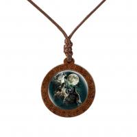 Zeit Gem Jewelry Halskette, Holz, mit Wachsschnur & Glas, flache Runde, unisex, keine, 27x27mm, Länge ca. 45 cm, verkauft von PC