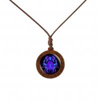 Time Gem Jewelry Necklace, Wood, with Wax Cord & Glass, Flat Round, Zodiac symbols jewelry & Unisex, more colors for choice, 27x27mm, Length:Approx 45 cm, Sold By PC