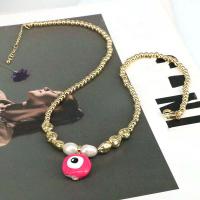 Evil Eye Schmuck Halskette, Messing, mit Natürliche kultivierte Süßwasserperlen, mit Verlängerungskettchen von 1.97, blöser Blick, goldfarben plattiert, für Frau & Emaille, goldfarben, frei von Nickel, Blei & Kadmium, Länge 15.75 ZollInch, verkauft von PC