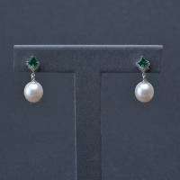 Freshwater Pearl Earrings, with Brass, Round, silver color plated, for woman & with rhinestone, white, 8-9mm, Sold By Pair
