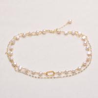 Freshwater Pearl Brass Necklace, with Brass, gold color plated, for woman, white, 6-8mm, Length:16.93 Inch, Sold By PC