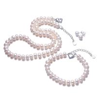 Natural Cultured Freshwater Pearl Jewelry Sets Stud Earring & bracelet & necklace with Brass silver color plated three pieces & for woman white 8-9mm Sold By Set