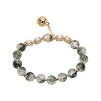 Bracelet en perles de culture d'eau douce, Quartz Phantom Vert, avec perle d'eau douce cultivée & laiton, Rond, Placage de couleur d'or, pour femme, 7-8mm, Longueur:7.1 pouce, Vendu par PC