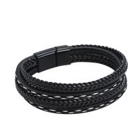 PU Leather Bracelet with Zinc Alloy plumbum black color plated fashion jewelry & multilayer & for man Length 21 cm Sold By PC