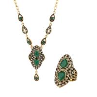 Tibetan Style Jewelry Sets, finger ring & necklace, with Resin, antique gold color plated, 2 pieces & fashion jewelry & different size for choice & for woman & with rhinestone, green, nickel, lead & cadmium free, Length:Approx 20.87 Inch, Sold By Set