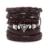 PU Leather Bracelet Set, with Cowhide & Wax Cord & Wood & Copper Coated Plastic & Tibetan Style, 6 pieces & fashion jewelry & Unisex, brown, Length:Approx 17-18 cm, Sold By Set