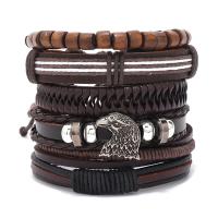 PU Leather Bracelet Set, with Cowhide & Wax Cord & Wood & Copper Coated Plastic & Tibetan Style, 6 pieces & fashion jewelry & Unisex, Length:Approx 17-18 cm, Sold By Set