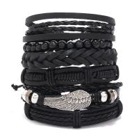 PU Leather Bracelet Set, with Cowhide & Wax Cord & Wood & Copper Coated Plastic & Tibetan Style, 6 pieces & fashion jewelry & Unisex, black, Length:Approx 17-18 cm, Sold By Set