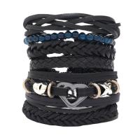 PU Leather Bracelet Set with Glass Beads & Cowhide & Wax Cord & Copper Coated Plastic & Zinc Alloy 6 pieces & fashion jewelry & Unisex black Length Approx 17-18 cm Sold By Set