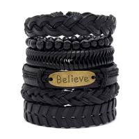 PU Leather Bracelet Set with Cowhide & Wax Cord & Wood & Zinc Alloy 6 pieces & fashion jewelry & Unisex black Length Approx 17-18 cm Sold By Set