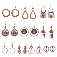 Zinc Alloy Drop Earrings with Wood & Plastic Pearl gold color plated Bohemian style & for woman brown Sold By Lot