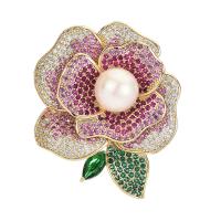 Cubic Zirconia Brooch, Brass, with Plastic Pearl, Rose, gold color plated, micro pave cubic zirconia & for woman, more colors for choice, nickel, lead & cadmium free, 52x43mm, Sold By PC