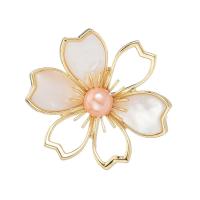 Shell Brooch, Brass, with Shell & Freshwater Pearl, Flower, gold color plated, for woman, white, nickel, lead & cadmium free, 35mm, Sold By PC