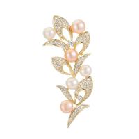Freshwater Pearl Brooch, Brass, with Freshwater Pearl, Leaf, gold color plated, micro pave cubic zirconia & for woman, golden, nickel, lead & cadmium free, 53x23mm, Sold By PC