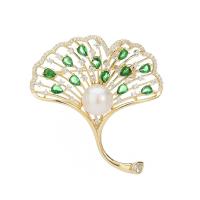Cubic Zirconia Brooch, Brass, with Plastic Pearl, Ginkgo Leaf, gold color plated, for woman & with cubic zirconia, green, nickel, lead & cadmium free, 48x44mm, Sold By PC