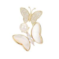 Cubic Zirconia Brooch Brass with White Shell & Plastic Pearl Butterfly gold color plated for woman & with cubic zirconia golden nickel lead & cadmium free Sold By PC