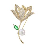 Cubic Zirconia Brooch, Brass, with Freshwater Pearl, Flower, gold color plated, for woman & with cubic zirconia, golden, nickel, lead & cadmium free, 55x35mm, Sold By PC