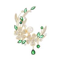 Cubic Zirconia Brooch, Brass, with Plastic Pearl, Flower, gold color plated, micro pave cubic zirconia & for woman, green, nickel, lead & cadmium free, 50x70mm, Sold By PC
