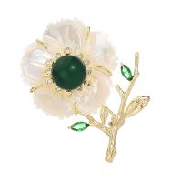 Shell Brooch, Brass, with Beeswax & Green Agate & Shell, Flower, gold color plated, micro pave cubic zirconia & for woman, more colors for choice, nickel, lead & cadmium free, 48x35mm, Sold By PC
