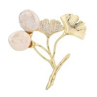 Freshwater Pearl Brooch Brass with Freshwater Pearl Flower gold color plated micro pave cubic zirconia & for woman golden nickel lead & cadmium free Sold By PC