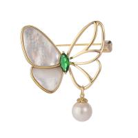 Shell Brooch, Brass, with Shell Pearl & White Shell, Butterfly, gold color plated, for woman & with cubic zirconia, golden, nickel, lead & cadmium free, 38x38mm, Sold By PC