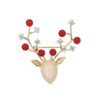Plastové perly brož, Mosaz, s Barvené Marble & Plastové Pearl, Parohy, barva pozlacený, pro ženy, červený, nikl, olovo a kadmium zdarma, 42x35mm, Prodáno By PC