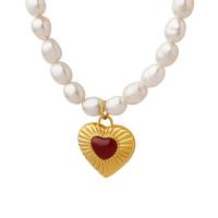 Natural Freshwater Pearl Necklace with Titanium Steel & Agate Heart plated fashion jewelry & for woman 16*15mm 5mm Length Approx 15.75 Inch Sold By PC