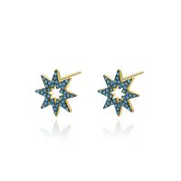 925 Sterling Silver Stud Earrings with turquoise Eight Point Star plated for woman & hollow Sold By Pair