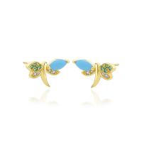 Cubic Zirconia Micro Pave Sterling Silver Earring, 925 Sterling Silver, with turquoise, Dragonfly, gold color plated, micro pave cubic zirconia & for woman, 13.50x8.50mm, Sold By Pair