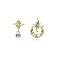 Asymmetric Earrings, 925 Sterling Silver, gold color plated, micro pave cubic zirconia & for woman, multi-colored, 14mm,13.5mm, Sold By Pair