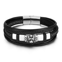 cuir PU bracelet, avec Acier inoxydable 304, multicouche & pour homme, noire, Longueur:Environ 8.46 pouce, Vendu par PC