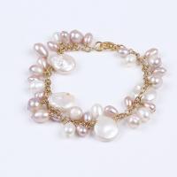 Freshwater Kulturperler Pearl Bracelet, perle, med Zinc Alloy, guldfarve belagt, Unisex, blandede farver, Længde Ca. 19 cm, Solgt af PC