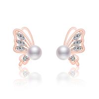 Cubic Zirconia Micro Pave Brass Earring, with Plastic Pearl, Butterfly, plated, fashion jewelry & micro pave cubic zirconia & for woman, more colors for choice, nickel, lead & cadmium free, 11x14.50mm, Sold By Pair