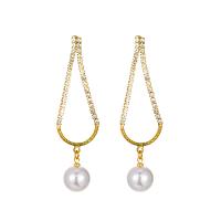 Tibetan Style Drop Earrings, with Plastic Pearl, Teardrop, KC gold color plated, fashion jewelry & micro pave cubic zirconia & for woman & hollow, golden, nickel, lead & cadmium free, 65mm, Sold By Pair