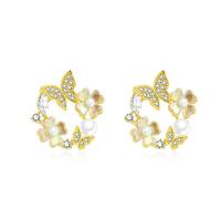 Zinc Alloy Stud Earring with Plastic Pearl Butterfly gold color plated fashion jewelry & micro pave cubic zirconia & for woman golden nickel lead & cadmium free Sold By Pair