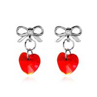 Tibetan Style Drop Earrings, with Rhinestone, Heart, platinum color plated, fashion jewelry & for woman, red, nickel, lead & cadmium free, 21mm, Sold By Pair