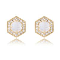 Cubic Zirconia Micro Pave Sterling Silver Earring, 925 Sterling Silver, with Moonstone, gold color plated, micro pave cubic zirconia & for woman, gold, 9.50mm, Sold By Pair