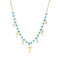 Titanium Steel Necklace with Stone & Freshwater Pearl with 5cm extender chain Cross Vacuum Ion Plating fashion jewelry & for woman Length 39 cm Sold By PC