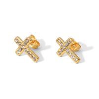Titanium Steel  Earring, Cross, Vacuum Ion Plating, fashion jewelry & micro pave cubic zirconia & for woman, golden, 10x14mm, Sold By Pair