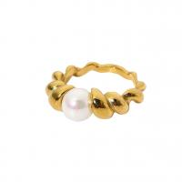 Stainless Steel Finger Ring, 304 Stainless Steel, with Plastic Pearl, Round, Vacuum Ion Plating, fashion jewelry & different size for choice & for woman, golden, 16.43mm, US Ring Size:6-8, Sold By PC