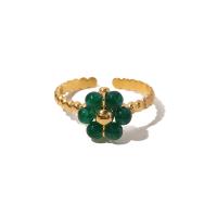 Titantium Steel δάχτυλο του δακτυλίου, Titanium Steel, με Φυσική πέτρα, Λουλούδι, κοσμήματα μόδας & για τη γυναίκα, πράσινος, 20x10mm, Sold Με PC
