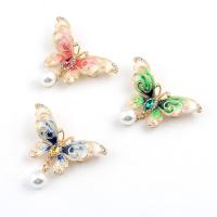 Plastic Pearl Brooch, Tibetan Style, with Plastic Pearl, Butterfly, gold color plated, for woman & enamel & with rhinestone, more colors for choice, 50x25mm, Sold By PC