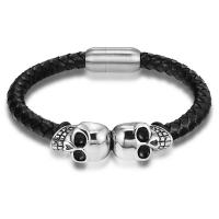 PU Leather Cord Bracelets with 304 Stainless Steel Skull Vacuum Ion Plating dyed & Unisex Sold By PC