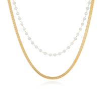 Mode-Multi-Layer-Halskette, 304 Edelstahl, mit Kunststoff Perlen, Schlangekette & für Frau & Multi-Strang, goldfarben, Länge ca. 16.53 ZollInch, verkauft von PC