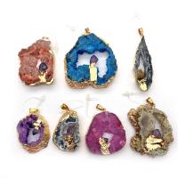 Ice Quartz Agate Pendant with Quartz & Brass irregular gold color plated druzy style & Unisex & hollow 25x41- Sold By PC