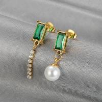 Asymmetric Earrings, 304 Stainless Steel, with Cubic Zirconia & Plastic Pearl, Galvanic plating, for woman, green, 25mm,5x30mm, Sold By Pair