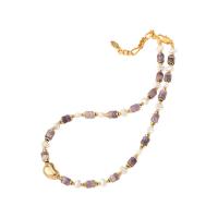 Brass Necklace with Natural Stone & Plastic Pearl with 5cm extender chain real gold plated for woman mixed colors nickel lead & cadmium free Length Approx 42 cm Sold By PC
