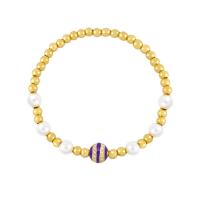 Cubic Zirconia Micro Pave Brass Bracelet, with Freshwater Pearl, Round, 18K gold plated, micro pave cubic zirconia & for woman & enamel, more colors for choice, nickel, lead & cadmium free, 9x7mm, Length:6.7 Inch, Sold By PC