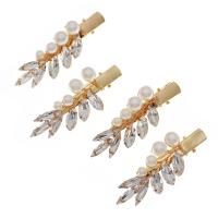 Alligator Hair Clip, Tibetan Style, with brass wire & Plastic Pearl, gold color plated, 4 pieces & for woman & with rhinestone, golden, nickel, lead & cadmium free, 60x20mm, 4PCs/Set, Sold By Set